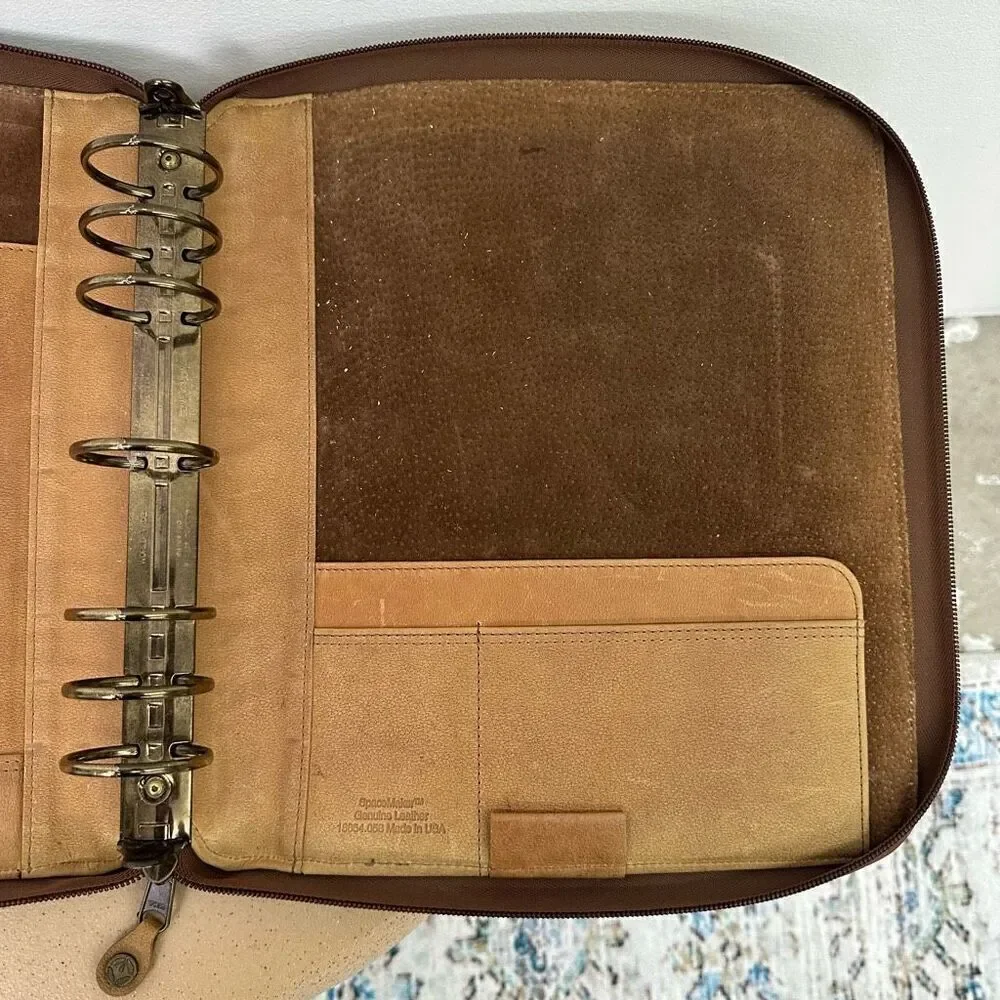 Franklin Covey Vintage 1996 SpaceMaker Tan Leather Zip 7 Ring Briefcase
